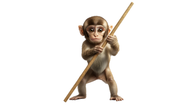 Baby monkey plays with a stick in studio lighting