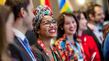 Diverse group of people smiling at a conference, flags in background. Potential use Stock photo for diversity, global events, and international collaboration