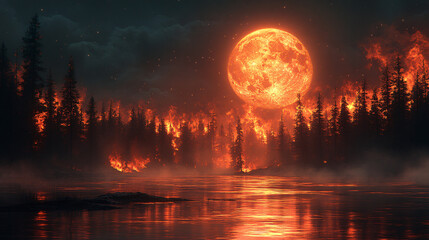 Fototapeta premium Surreal Forest Inferno Under the Moonlit Sky