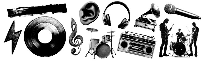 Fototapeta na wymiar Set of music and instrument halftone grunge vector design elements