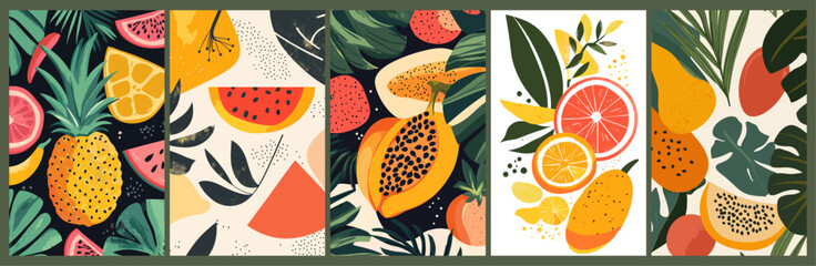Tropical fruit poster. Flat abstract minimal pineapple melon lemon watermelon orange palm leaves vector illustration