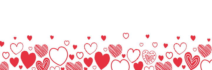 Background with hand drawn flying hearts. Banner design in cartoon style. Doodles. Concept for Valentine’s Day, Mother’s Day and Women’s Day. Vector illustration