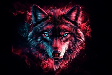 Naklejka premium Dramatic portrayal of a wolf's face illustrated in a dark setting.