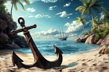 Picturesque island escape with a rustic anchor resting in golden sand.