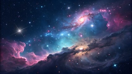 Distant galaxy with vibrant nebula clouds shin