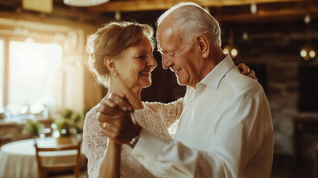 Elderly couple dancing in a rustic interior.  Possible use Stock photo for senior happiness, romance, and celebration