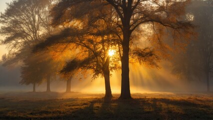 Obraz premium The morning sun bursts through the trees, illuminating a misty forest with golden light.