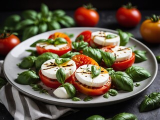 A vibrant caprese salad featuring fresh tomatoes, creamy mozzarella, and aromatic basil is ready to eat.