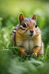 Obraz premium A charming chipmunk with full cheeks sits among lush green grass in a natural setting.