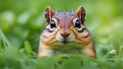 Obraz premium A charming chipmunk peeks out from a sea of green, its bright eyes full of curiosity and charm.