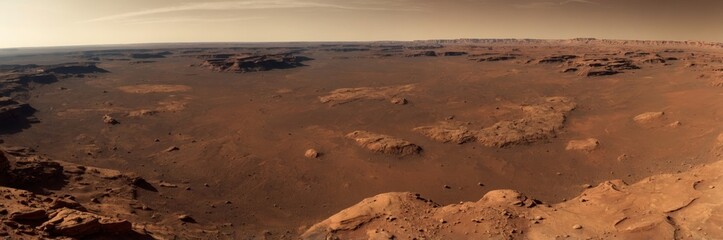 Panoramic view of Mars' Gale Crater shows the rusty, desolate, and rocky surface of the planet.