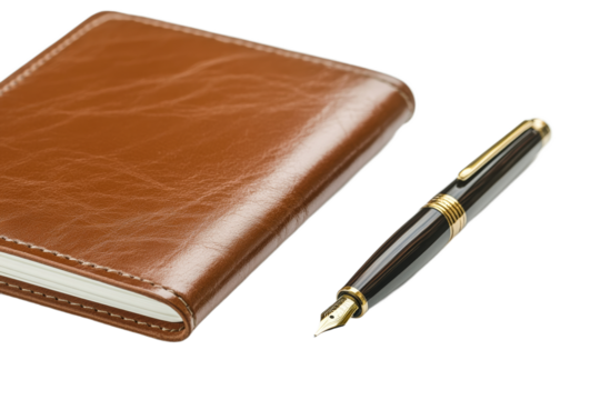 Brown notebook and fountain pen