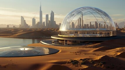 Fototapeta premium Futuristic Desert City with Transparent Dome Habitat and Skyscrapers at Golden Sunrise or Sunset