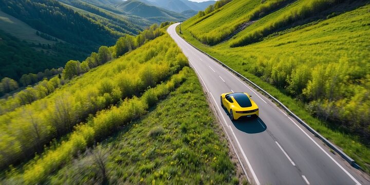 A bright yellow sports car cruises along a scenic mountain road on a sunny day.