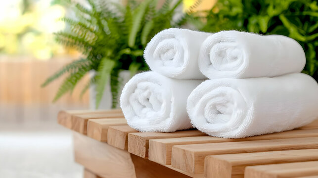 Spa towels on wooden bench, plants background, relaxation