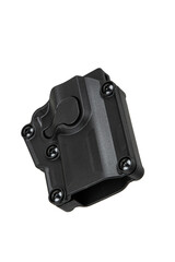 Black polymer firearm holster with a belt clip, four screws for secure attachment, and a contoured...