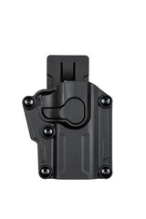 Black polymer gun holster with a belt clip, featuring four screws for secure attachment, and a...