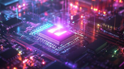 Obraz premium AI word on microchip and colorful light spread with strong beam , AI concept with copyspace banner background,