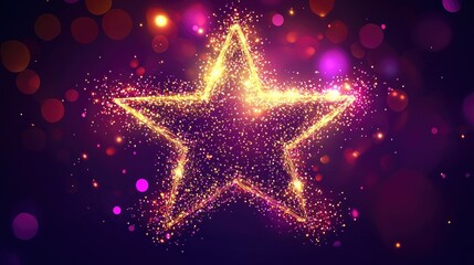 Sparkling Golden Star Glowing in a Purple Galaxy