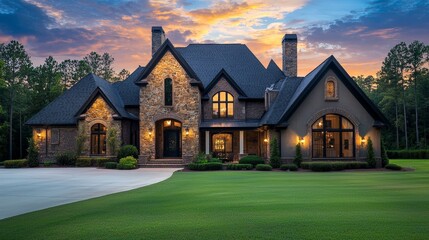Beautiful Tudor Style Residence with Steeply Pitched Roof at Sunset