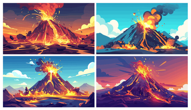 Volcano eruption. Cartoon mountain with lava ash fire smoke, volcanic exploding natural disaster landscape vector illustration