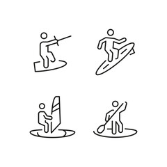 Water sports icons. Set of 4 water sports trendy minimal icons. Examples: Jet Ski, Wakeboarding, Surfing. Design signs for web page, mobile app, packaging design. Vector illustration.