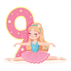 Pretty ballerina girl in pink and blue dress doing the splits with number 9 on white background. Ballerina with number 9. Vector illustration in flat cartoon style