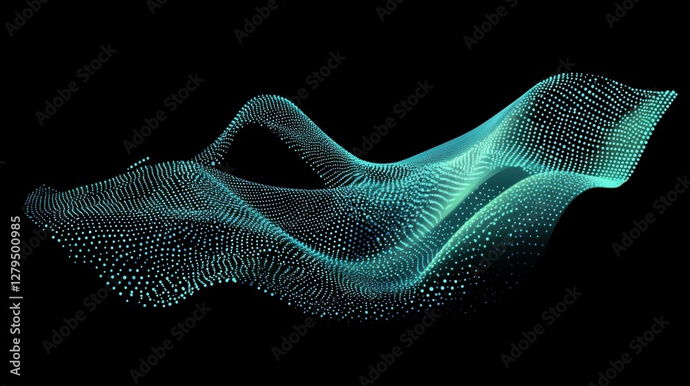 Poster flowing dots particles wave pattern 3d curve halftone blue green gradient curve shape isolated on bl