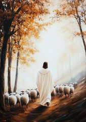 Jesus walking in the distance with sheep following him, white robe, brown tree leaves, soft colors, oil painting, white background, realistic, cinematic, golden hour