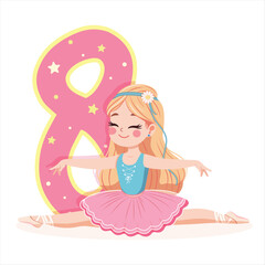 Pretty ballerina girl in pink and blue dress doing the splits with number 8 on white background. Ballerina with number 8. Vector illustration in flat cartoon style