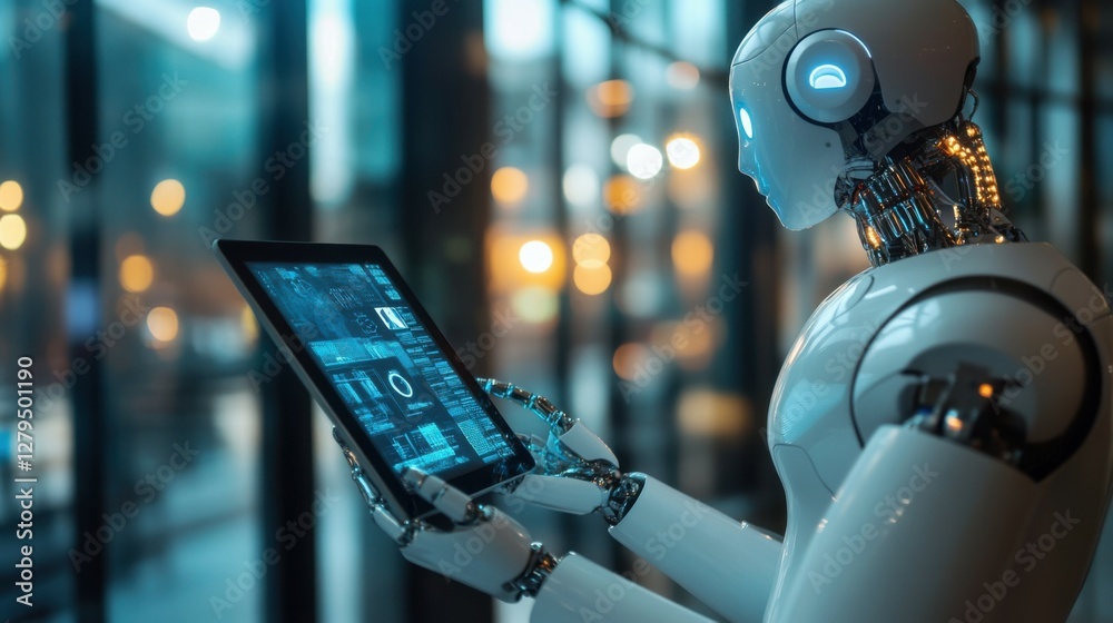Poster man using tablet with ai chatbot in office modern workspace with large windows and a blurred backgro