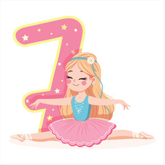 Pretty ballerina girl in pink and blue dress doing the splits with number 7 on white background. Ballerina with number 7. Vector illustration in flat cartoon style
