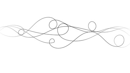 A minimalistic abstract line drawing featuring flowing, overlapping black curves on a white background. The composition exudes a sense of movement, balance, and fluidity, resembling organic waveforms