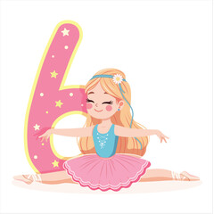 Pretty ballerina girl in pink and blue dress doing the splits with number 6 on white background. Ballerina with number 6. Vector illustration in flat cartoon style