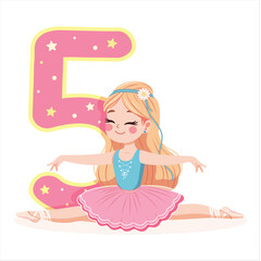 Pretty ballerina girl in pink and blue dress doing the splits with number 5 on white background. Ballerina with number 5. Vector illustration in flat cartoon style