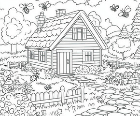A garden filled with buzzing bees and butterflies, coloring page for kids, simple outline illustration. Coloring book.