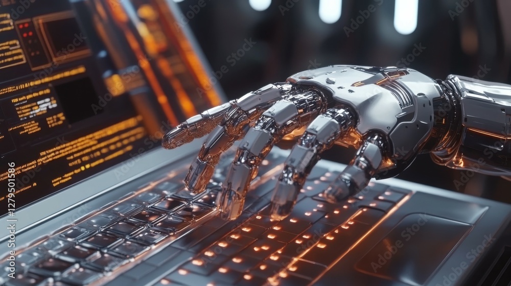 Poster the robot uses a laptop for work, coding for developing technology creates ai, 3d rendering ai robot