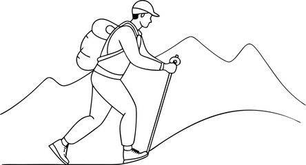 Outdoor Adventure Line Art. Hiking Man with Backpack and Pole Vector Illustration