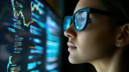 Woman wearing futuristic glasses looking at computer screen with data visualizations.
