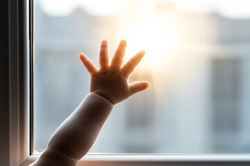Baby hand reaching for sunlight through a window
