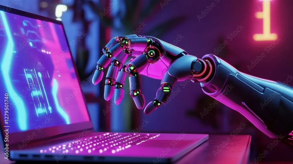 Poster the robot uses a laptop for work, coding for developing technology creates ai, 3d rendering ai robot