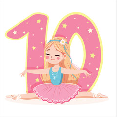 Pretty ballerina girl in pink and blue dress doing the splits with number 10 on white background. Ballerina with number 10. Vector illustration in flat cartoon style