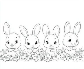 Fototapeta premium A joyful parade with bunnies and flowers, coloring page for kids, simple outline illustration. Coloring book.