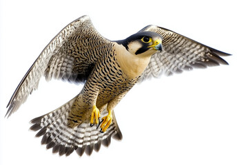 A peregrine falcon flying solo on a white canvas