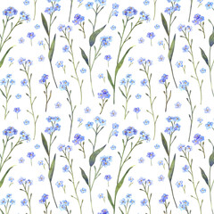 A delicate blue forget-me-not flowers. Seamless pattern. Hand drawn watercolor floral illustration. Isolated element on a white background. For fabric, textile, wallpaper, wrapping paper.
