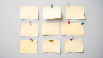Nine yellow sticky notes arranged in a grid with colorful paperclips on a white background
