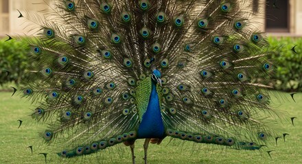 Fototapeta premium A dazzling Indian peacock spreads its brilliant blue and green feathers in a royal palace garden. Sunlight reflects on the intricate eye patterns, creating a mesmerizing display of colors