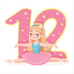 Pretty ballerina girl in pink and blue dress doing the splits with number 12 on white background. Ballerina with number 12. Vector illustration in flat cartoon style