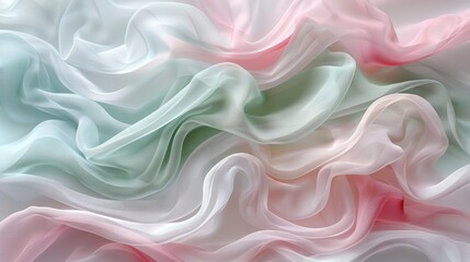Obraz premium A delicate arrangement of softly colored, sheer fabric folds in pastel hues of green, pink, and white, creating a gentle, flowing texture.