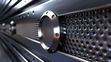 A close-up of a metallic surface featuring perforated patterns and a circular component, showcasing modern industrial design.